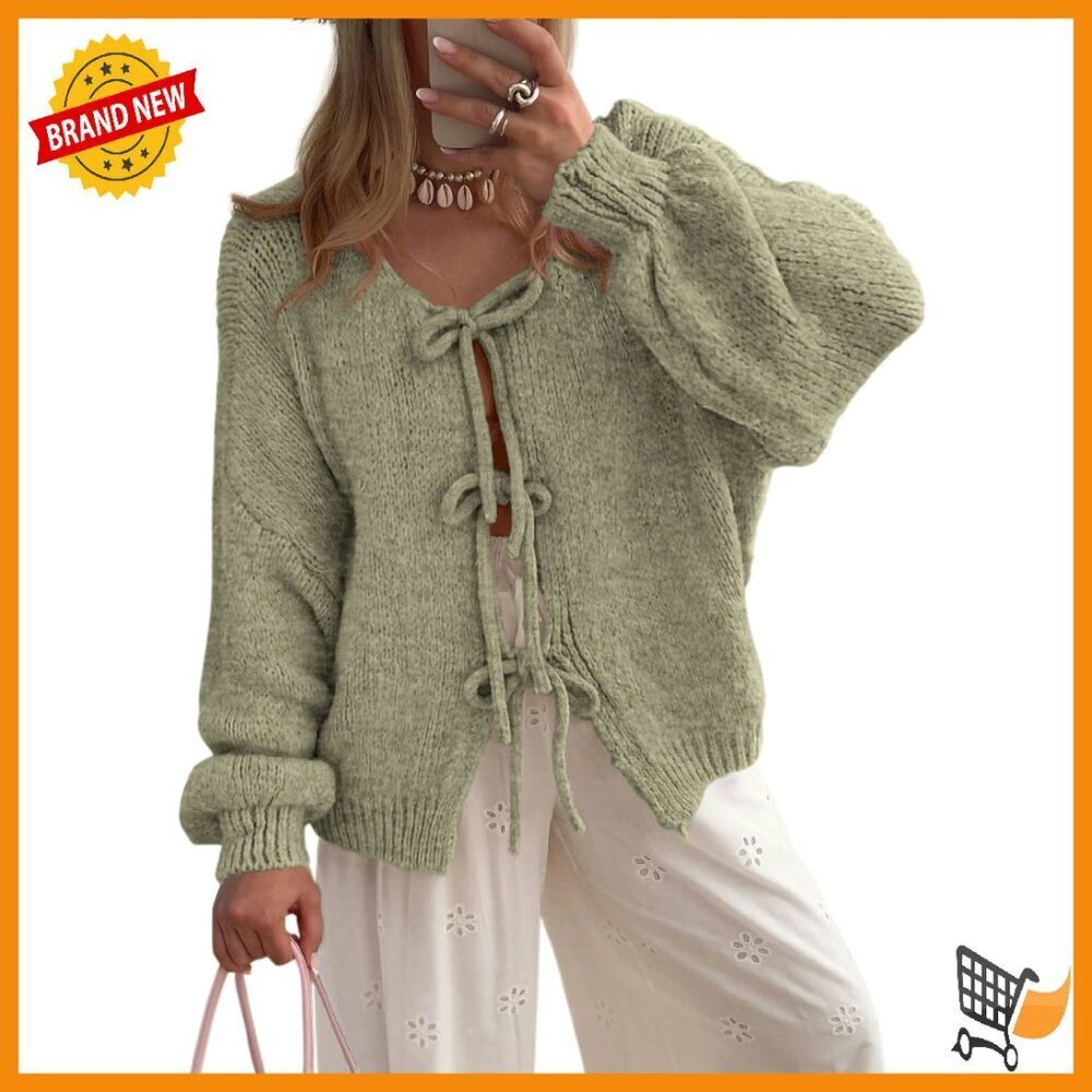 Chunky Knit Cardigan with Puff Sleeves and Tie Front - Fall Winter Sweater